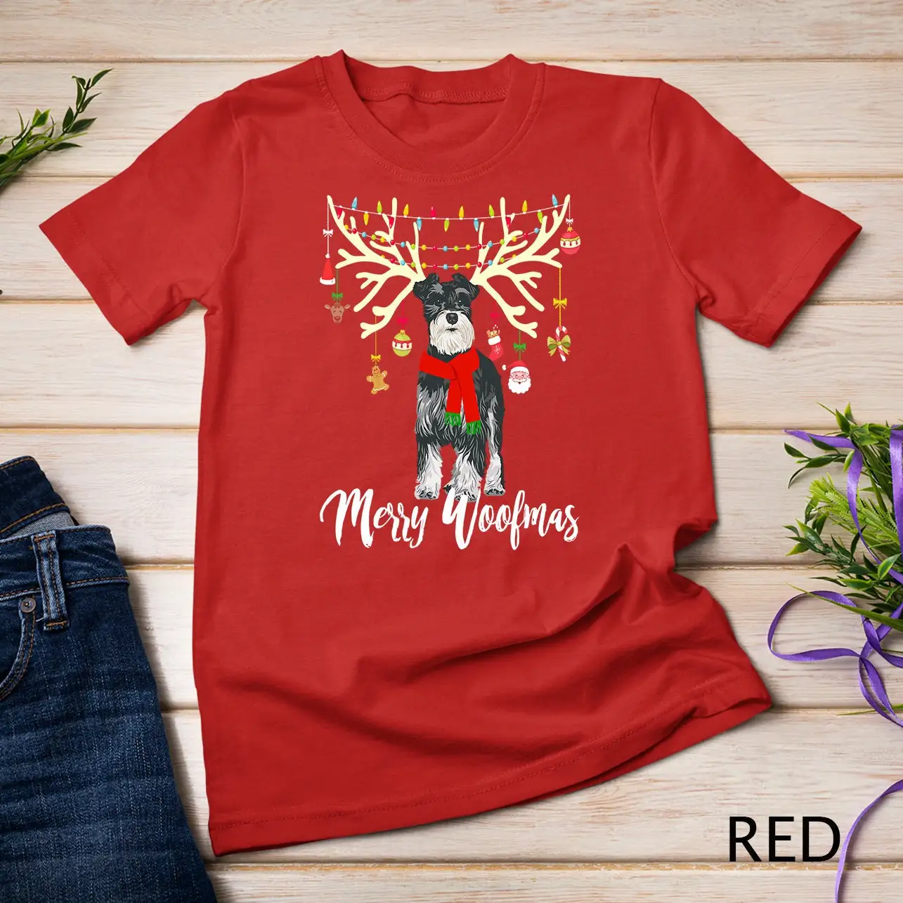 Merry Woofmas Miniature Schnauzer Reindeer Christmas Dog T Shirt Sweat