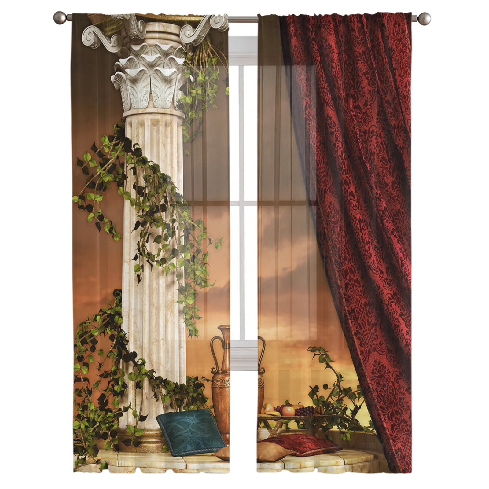 Pillar Vase Vine Table Sky Red Voile Tulle Curtains for Living Room Cafe Home Decor Window Drape Bedroom Balcony Chiffon Curtain