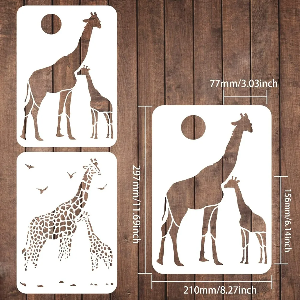 2 Pcs Layered Giraffes Stencils Template 11.7x8.3 inch A4 Plastic Two Giraffe Drawing Painting Stencils Sun Bird Giraffe