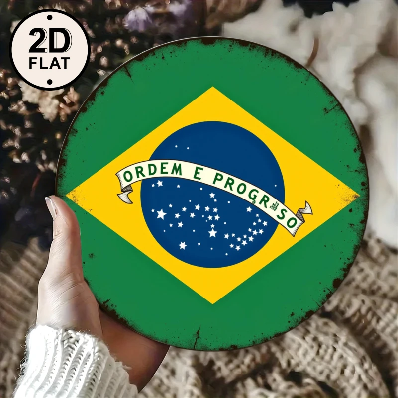 Placa de Metal Plana 2D com a Bandeira Brasileira e o Texto "Ordem e Progresso", Design Circular Rústico Retrô para Decoração de Casa, Arte de Parede para Escritório, Peça Única