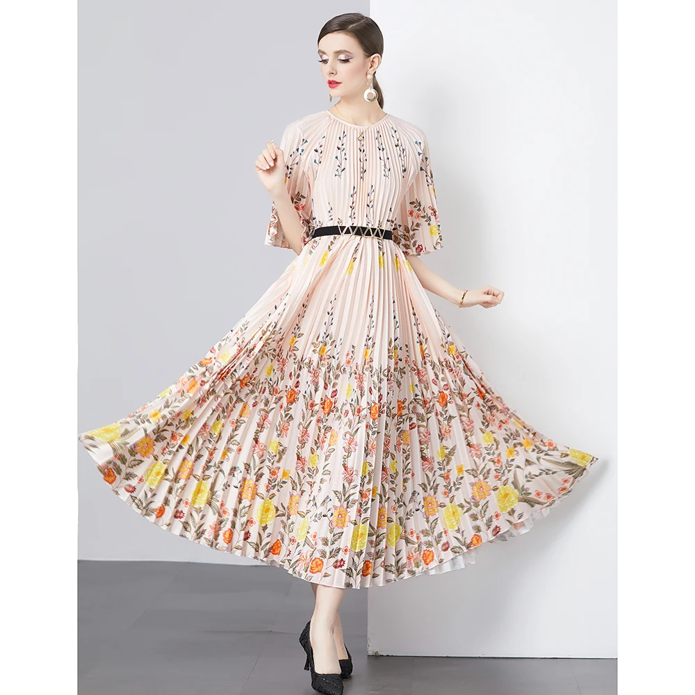 กระโปรงพลีททรงเอไลน์ยาวปานกลาง รุ่นใหม่ ปี 2024 จีบแบบ Dr Accordion เอวสูง ลายดอกไม้ ผ้าโพลีเอสเตอร์