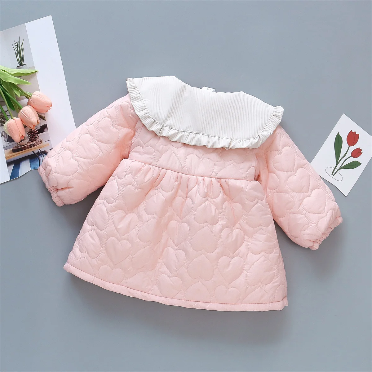 Winter Girl Baby Cute Rabbit Cartoon Cotton Coat Full Of Love Lace Doll Tie Small Accessories Solid Loose Sweet Cotton Coat