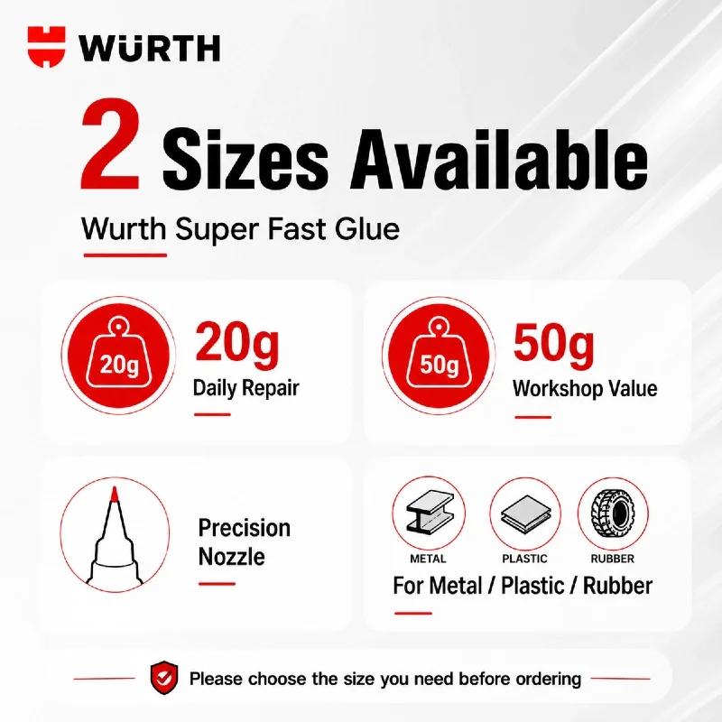 Wurth Super Fast Glue Instant Cyanoacrylate Adhesive Quick Dry Super Glue for Metal Plastic Rubber DIY Repair 20g 50g
