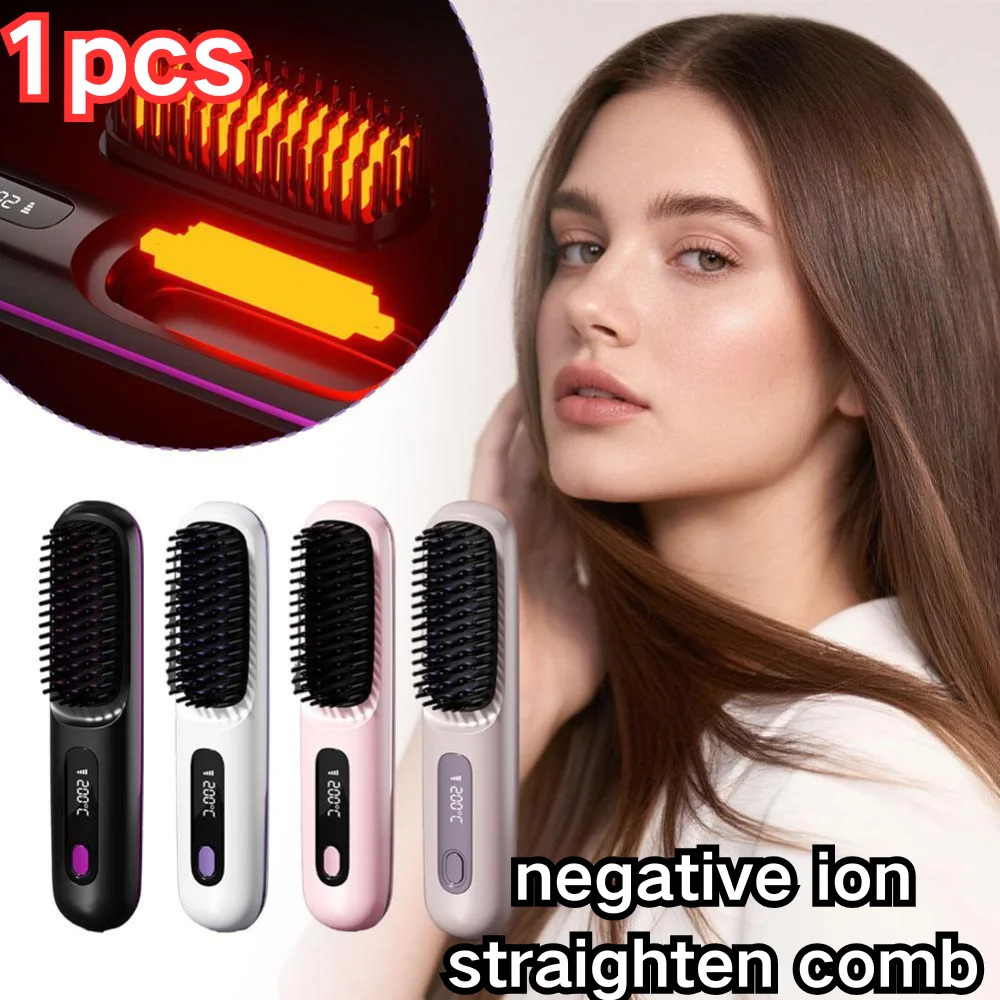

1PC 2in1 Wireless Negative Ion Straightening Brush For Salon Smooth Straight Curly Hair Frizz Control Shine Portable Hair Styler