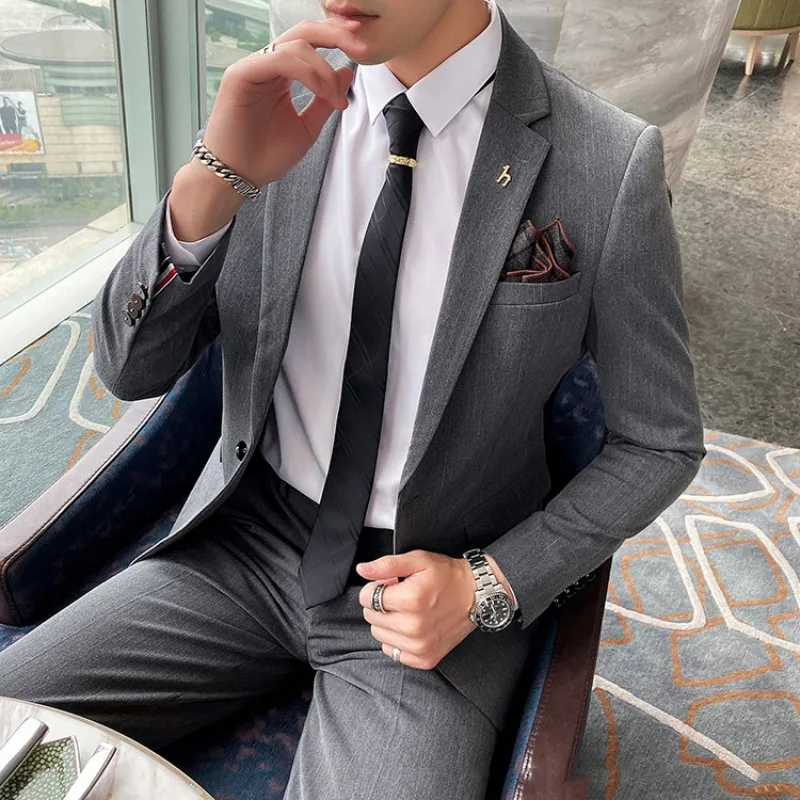 

KIDWHXR Suit Set Man Turn Down Collar Single-breasted Blazer Male Straight-leg Pant Men Simple Business Casual 2-piece Outfit