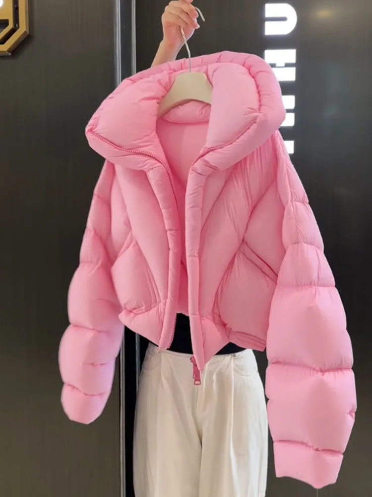 Coréen Sle ort rose vers le bas Jaet femmes hiver Thiened pain Sle col montant manteau Ci décontracté longue fermeture éclair