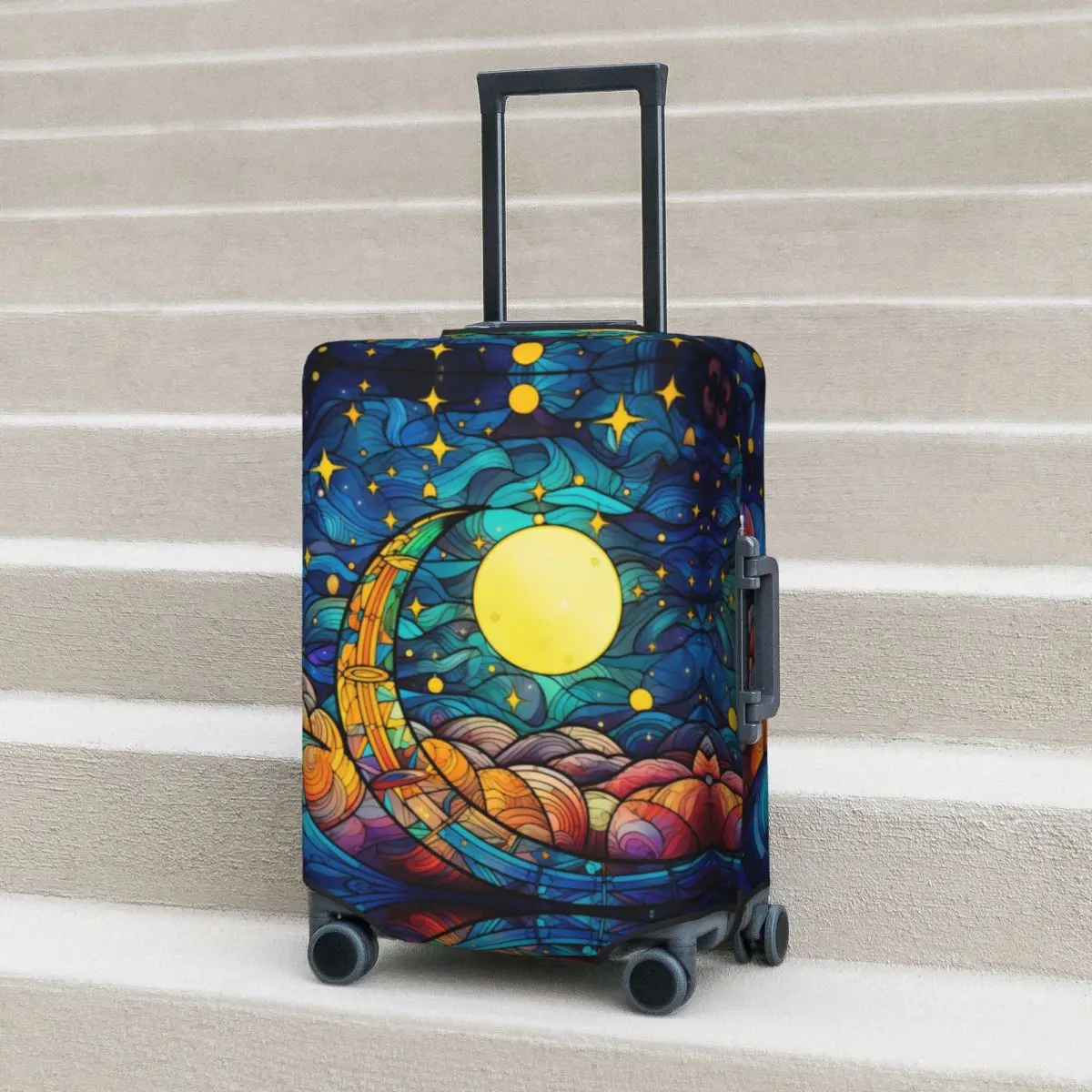 

Stained Glass Moon Suitcase Cover Retro Style Cruise Trip Flight Elastic Luggage Supplies Protector