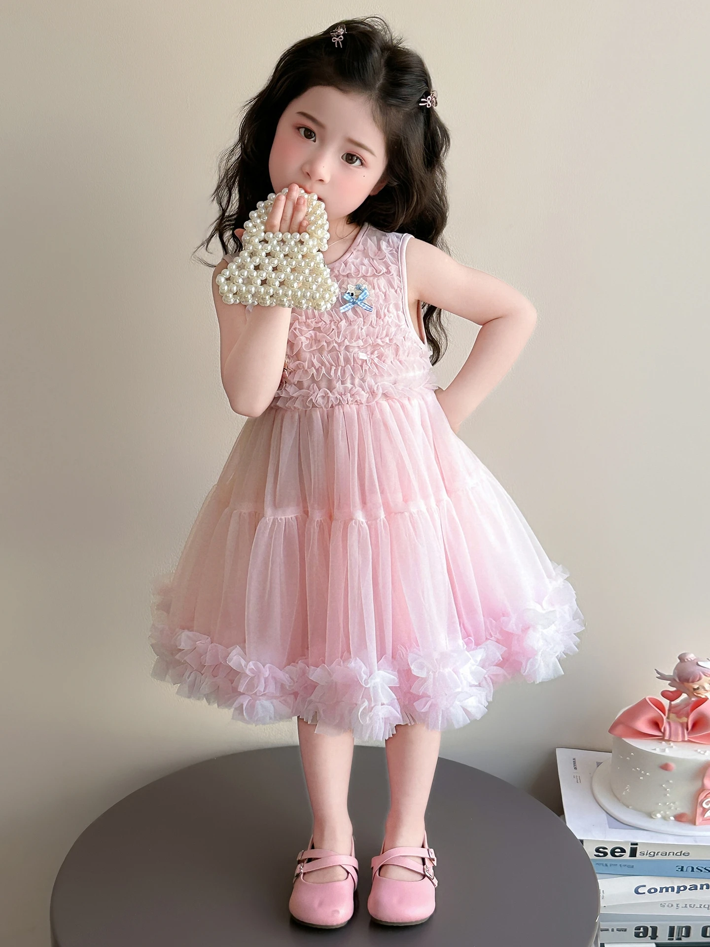 Vestido de Tule Estilo Princesa Sem Mangas para Meninas, Saia A-Line de Cintura Alta, Confortável e Macia para o Verão