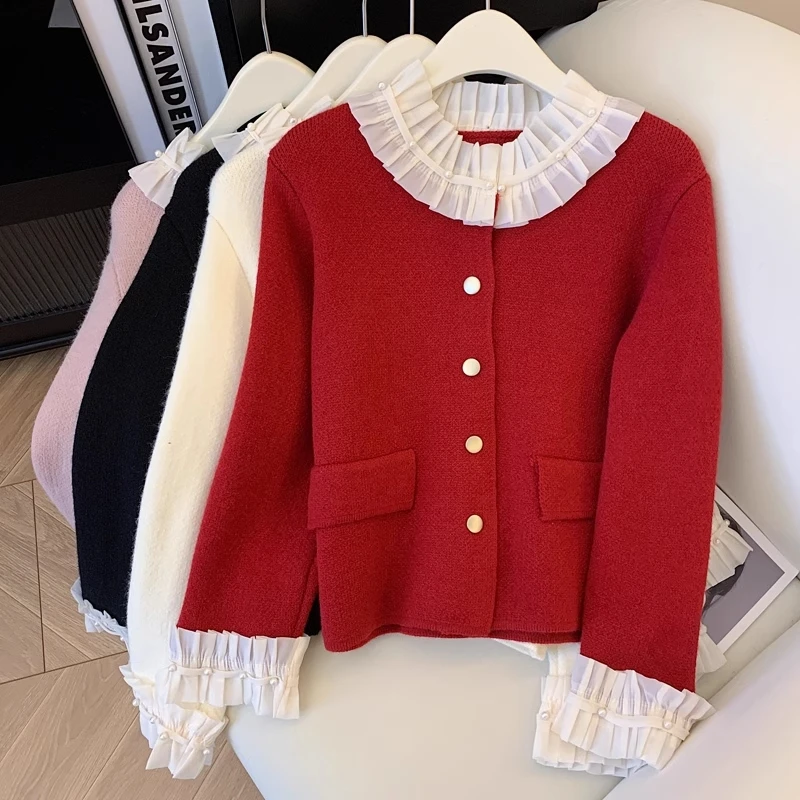 Red Sweet Lace Patchwork Collar Sweater Women\'s Autumn And Winter Loose Knit Cardigan Top