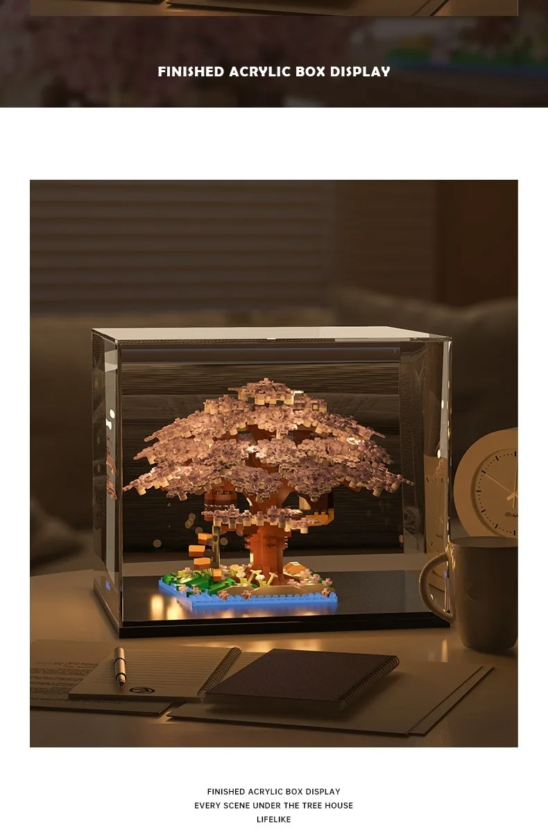 DIY Lila Romantische Kirschblüte Blume Rosa Baum Haus Montage Bausteine Klassisches Modell Miniatur Ziegel Sets Kind Geschenke – Detail 8