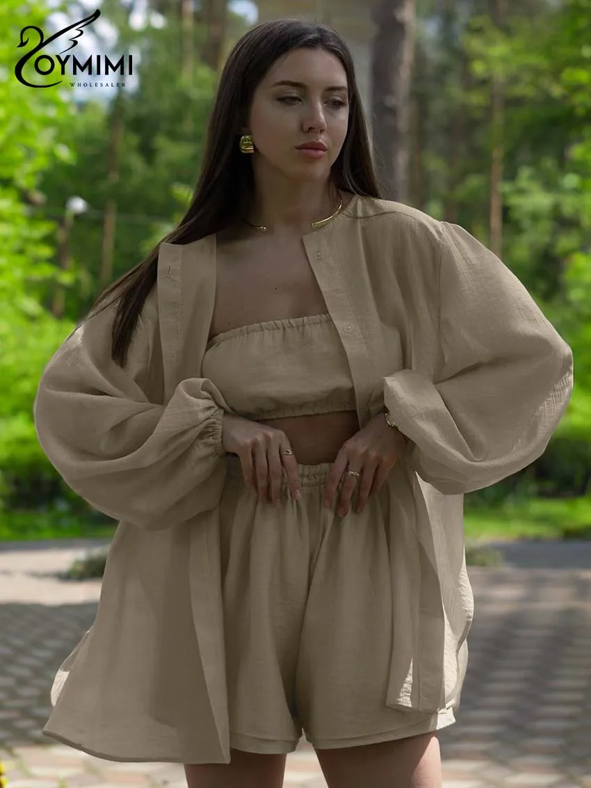 

Oymimi модный комплект цвета хаки из 2 предметов для женщин, повседневные рубашки с длинными рукавами и укороченные топы без бретелек + простые шорты, женские комплекты