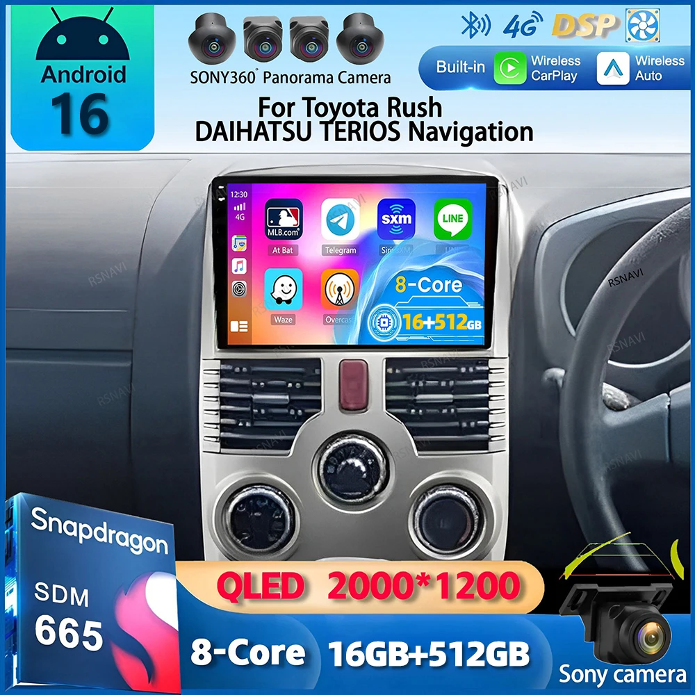 Rádio Automotivo Android 16 para Toyota Rush DAIHATSU TERIOS com Navegação GPS, Reprodutor Multimídia de Vídeo, Estéreo, Carplay sem fio, Wi-Fi + 4G