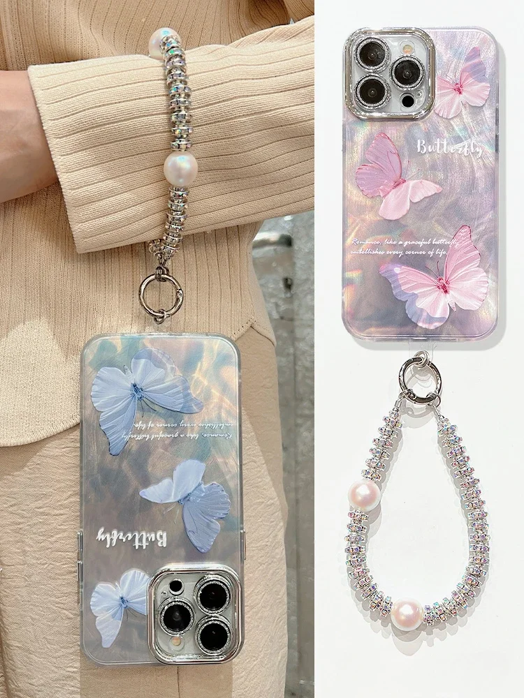 

New high-end butterfly feather yarn with diamond bracelet lanyard mobile phone case for Apple 15Pro max phone case