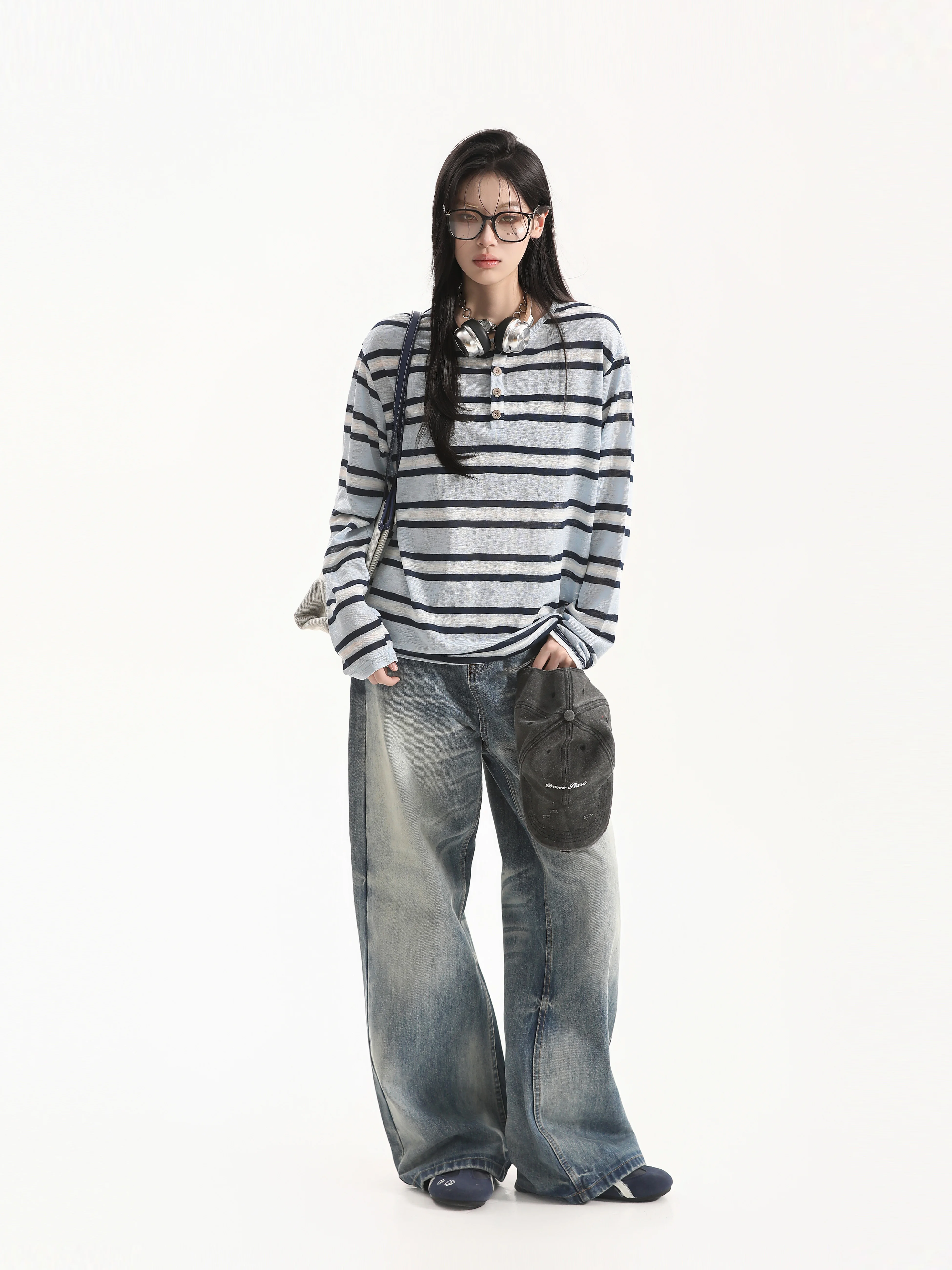Early Autumn Korean Style Lazy Color Block Stripe Henry Collar Knitted Long Sleeve Semi-Transparent Cover up T-Shirt Casual L...