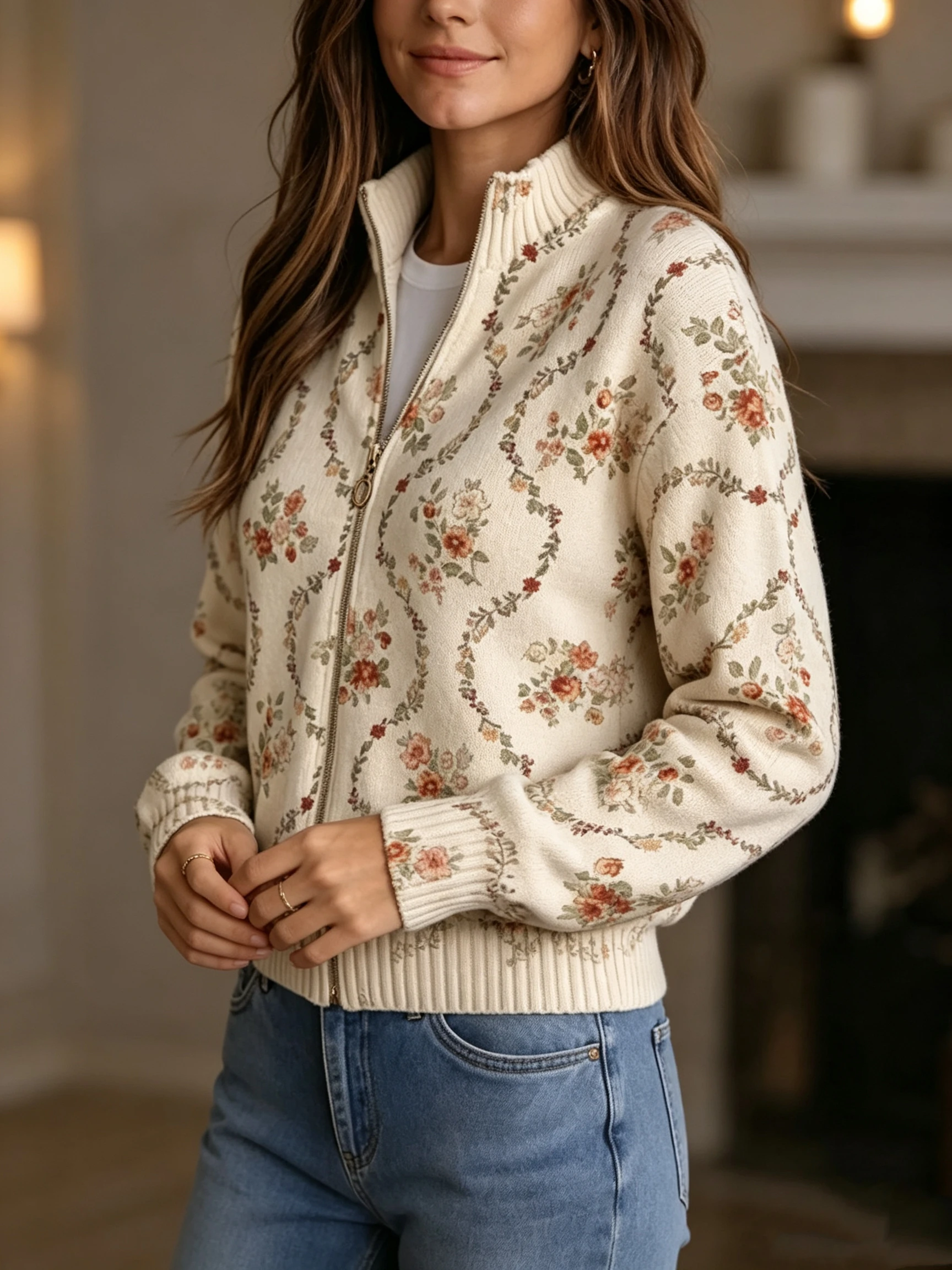 Women's Winter Outdoor Windproof Warm Stand Collar Jacket with Cotton Filling And Fleece Retro Vine Floral Print Design