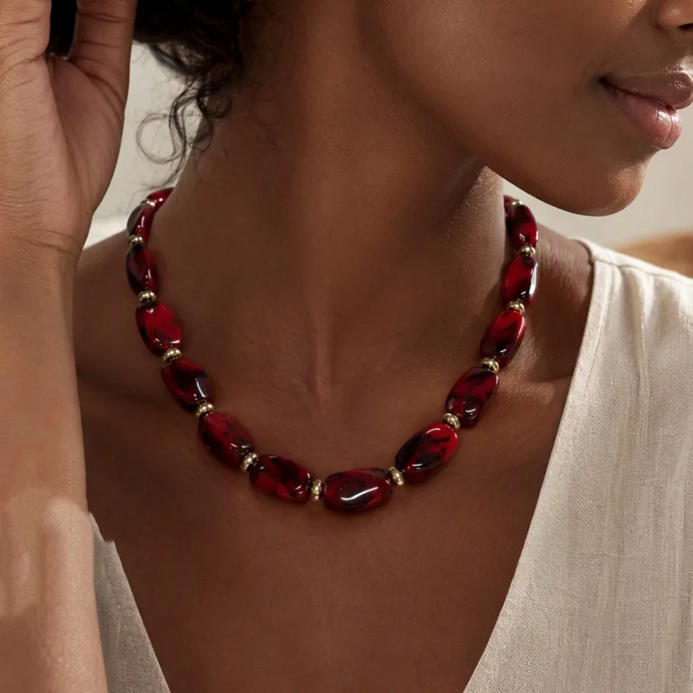 Exquisite Fashion Textured Burgundy Marbled Irregular Oval Bead Necklace Bracelets for Women Countryside Tourism Jewelry Sets