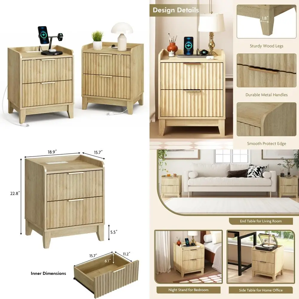 pair of farmhouse style nightstands with charging stations and storage drawers