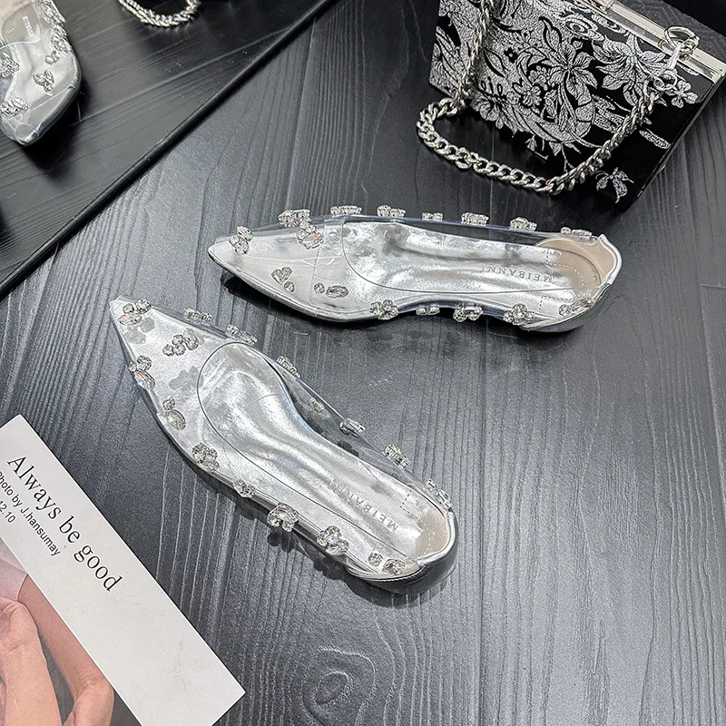 Transparent PVC Crystal Women Sandals Shoes Low Heels Shallow Luxury 2024 Sexy Fashion Summer Pointed Toe Party Mujer Zapatos