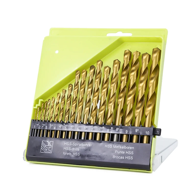 19pcs HSS Twist Drill Bit Set For Wood 1.0-10mm Titanium Coated Hole Cutter Round Shank Gun Drill Bit