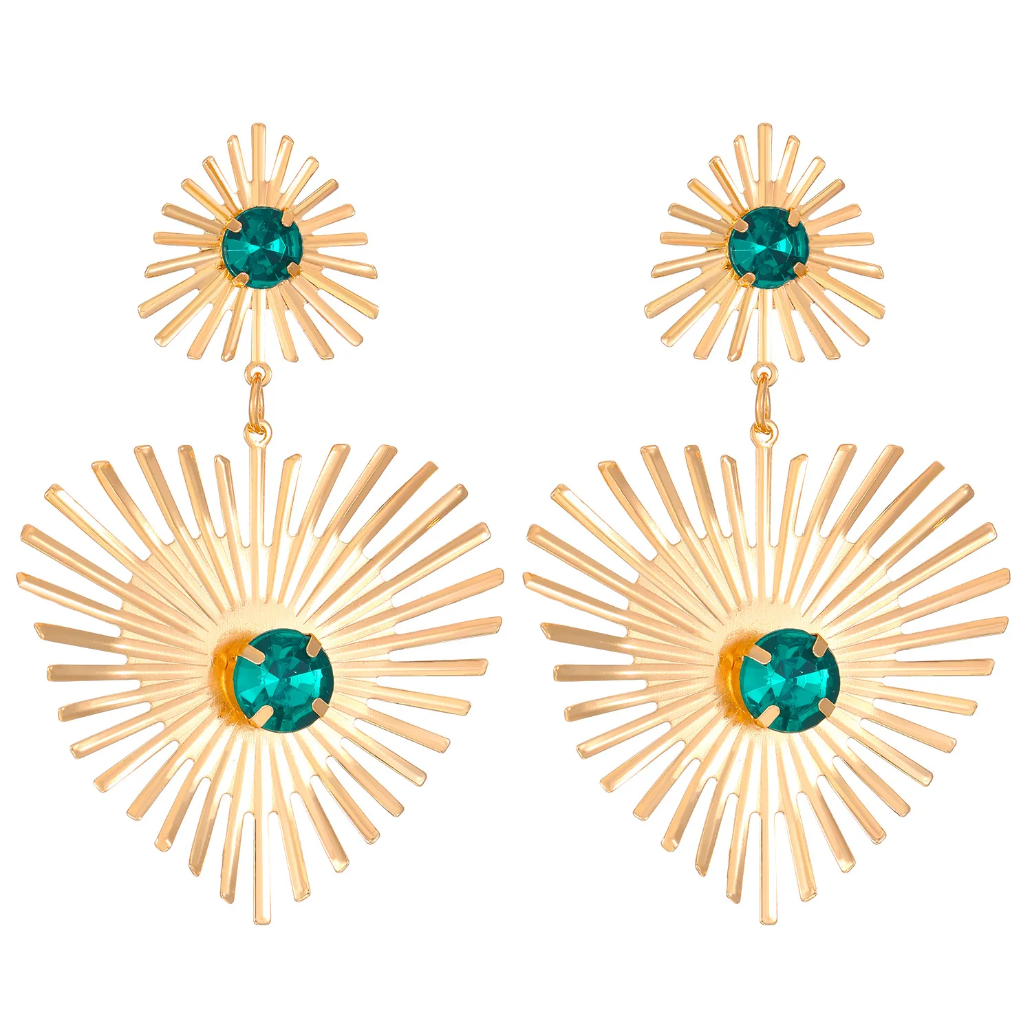 Green Rhinestone Inlaid Big Metal Drop Earrings Women\'s Exaggerated Sunflower Heart Pendant Modern Trend Statement Ear Jewelry