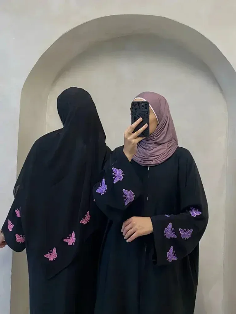 Borboleta bordado aberto abaya quimono cardigan muçulmano abayas para mulheres dubai elegante turquia kaftan robe ramadan roupas islâmicas