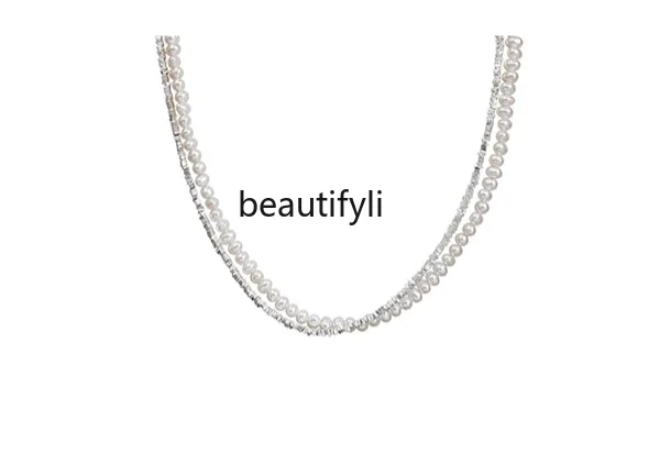 

Double-layer stacked pearl necklace female niche design broken silver collarbone chain new neck chain