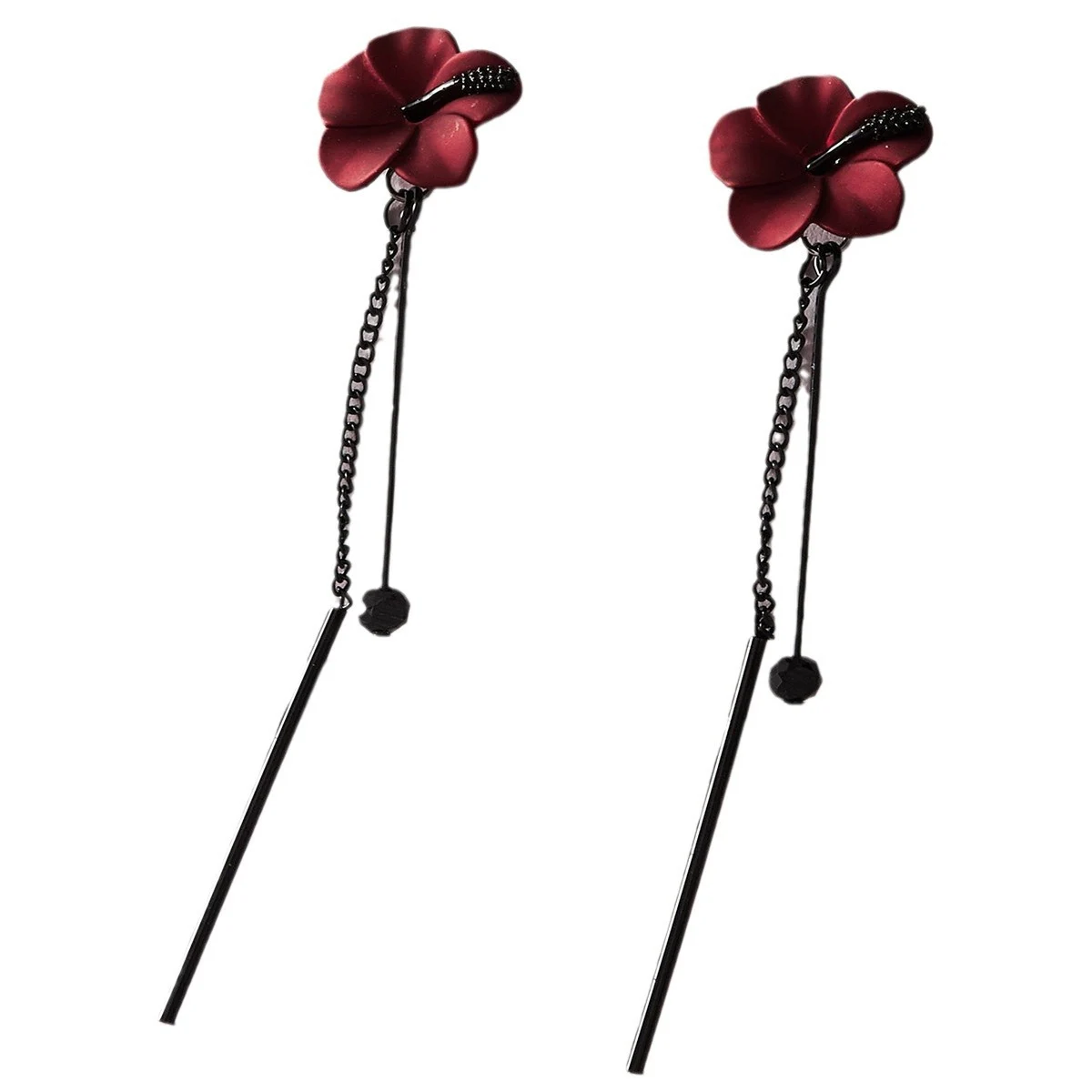 Vintage Red Rose Flower Tassel Stud Earrings For Women Temperament Long Hanging Pendant Dangle Korean Style Jewelry Gift