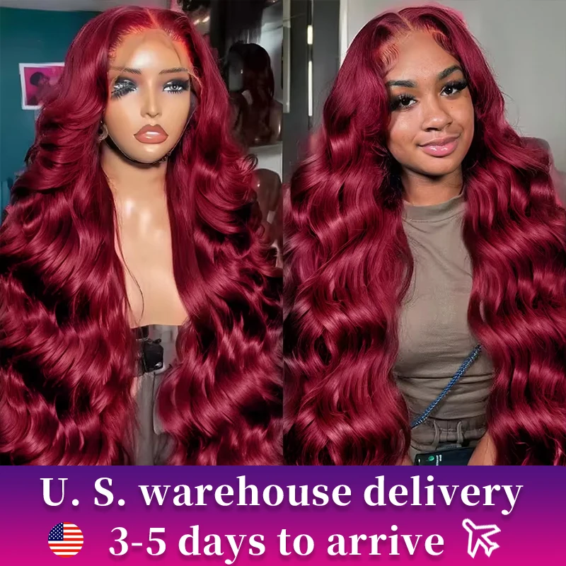 200 Density 99J Burgundy 13x4 13X6 HD Body Wave Lace Front Human Hair Wig 30 32 Inch Red Colored Frontal Closure Wigs For Women