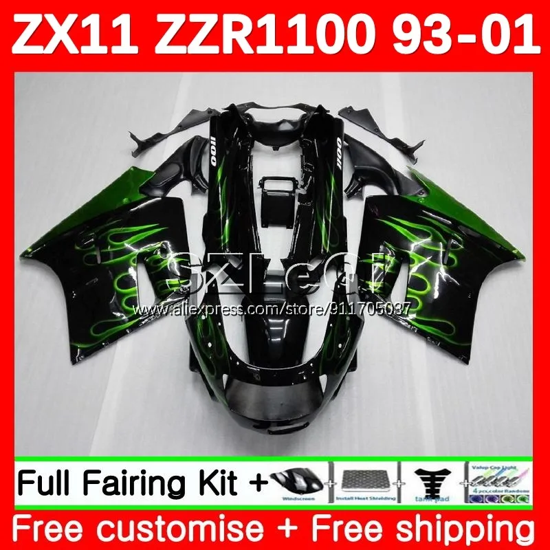 ZX-11R For KAWASAKI NINJA ZZR 1100 ZX11 R ZX11R 93 94 95 96 97 114No.54 ZX 11R Green flames ZZR1100 1998 1999 2000 2001 Fairing