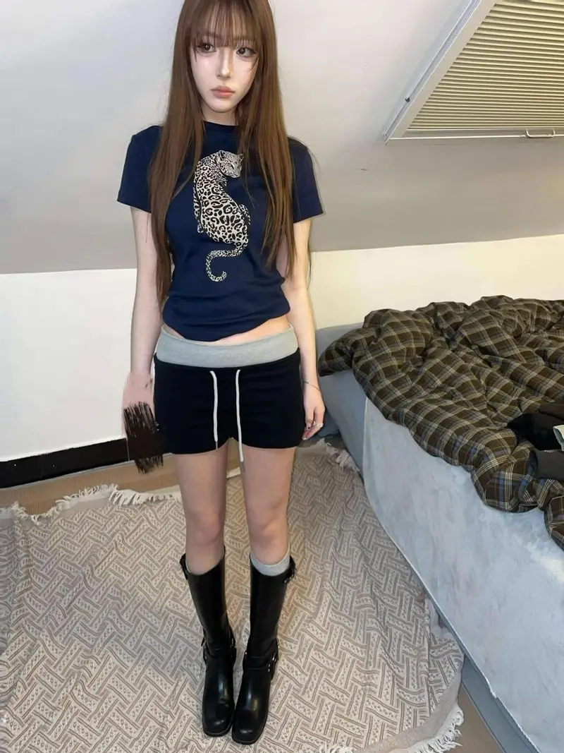 Amerykańska koszulka z krótkim rękawem w stylu retro, granatowa, z przodu na ramię, dla kobiet, letnia, wąska, wąska, krótka koszulka