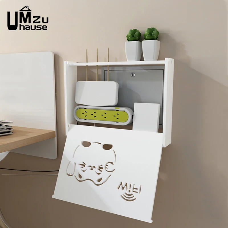 Wifi Router Storage Box Outlet Set Top Case Wall Mount Board Cover Hide Cable Switch Shelf Home Office Holder Hanging Organizers