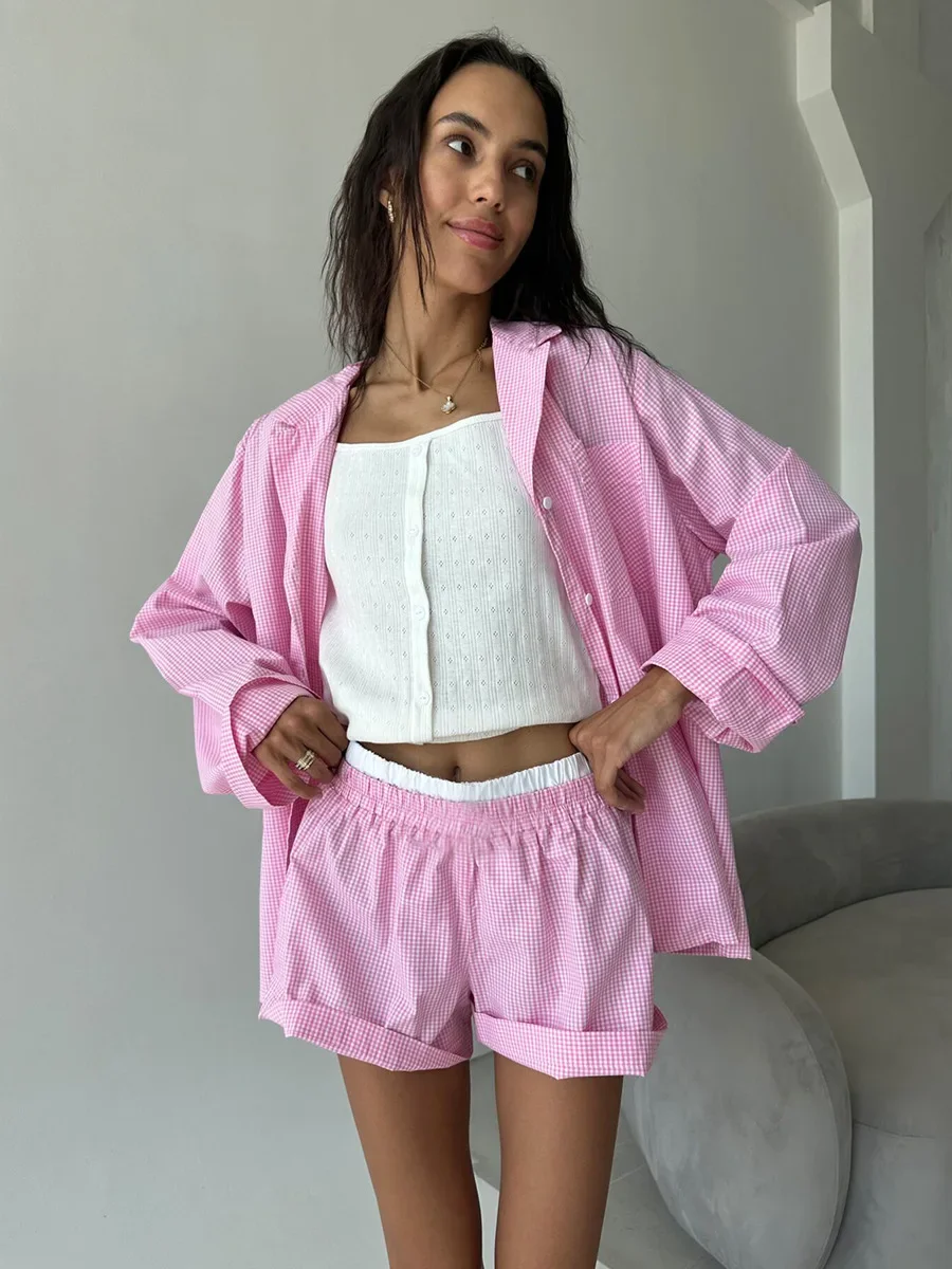 Blubelle 100% Cotton Pink Patchwork Checkered Pajama Set Spring New Long Sleeved Shorts Pajamas Women's Casual Home Clothes