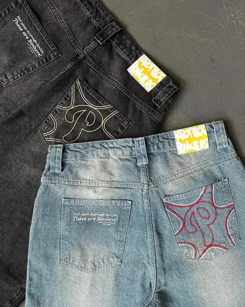 Jean Baggy Bleu Vintage à Taille Haute et Jambes Larges pour Homme, Pantalon de Style Hip Hop, avec Broderie de Lettres, Y2K Protect Streetwear, Harajuku