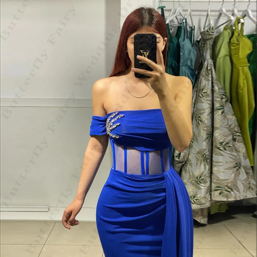 Luxury Fashion Backless Evening Dresses Fascinating Beading Formal Sexy Mermaid Off Shoulder Sleeveless Prom Gowns For Women