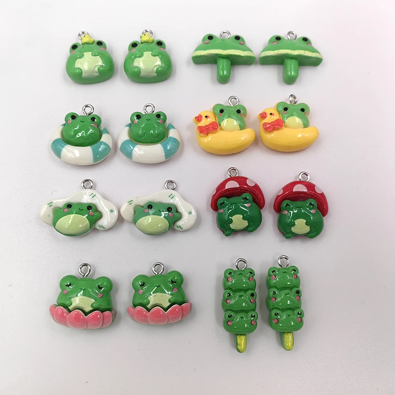 10pcs Kawaii Animals Green Mushroom Frog Charms for Jewelry Making Findings Resin Charm Pendants Flatback Diy Earrings C884