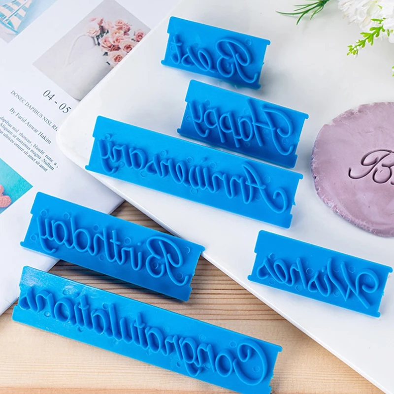 6Pcs/Set Cake Baking Molds Alphabet Letter Words Cookie Press Stamp Embosser Cutter Fondant Mould Happy Birthday Cake Decoration