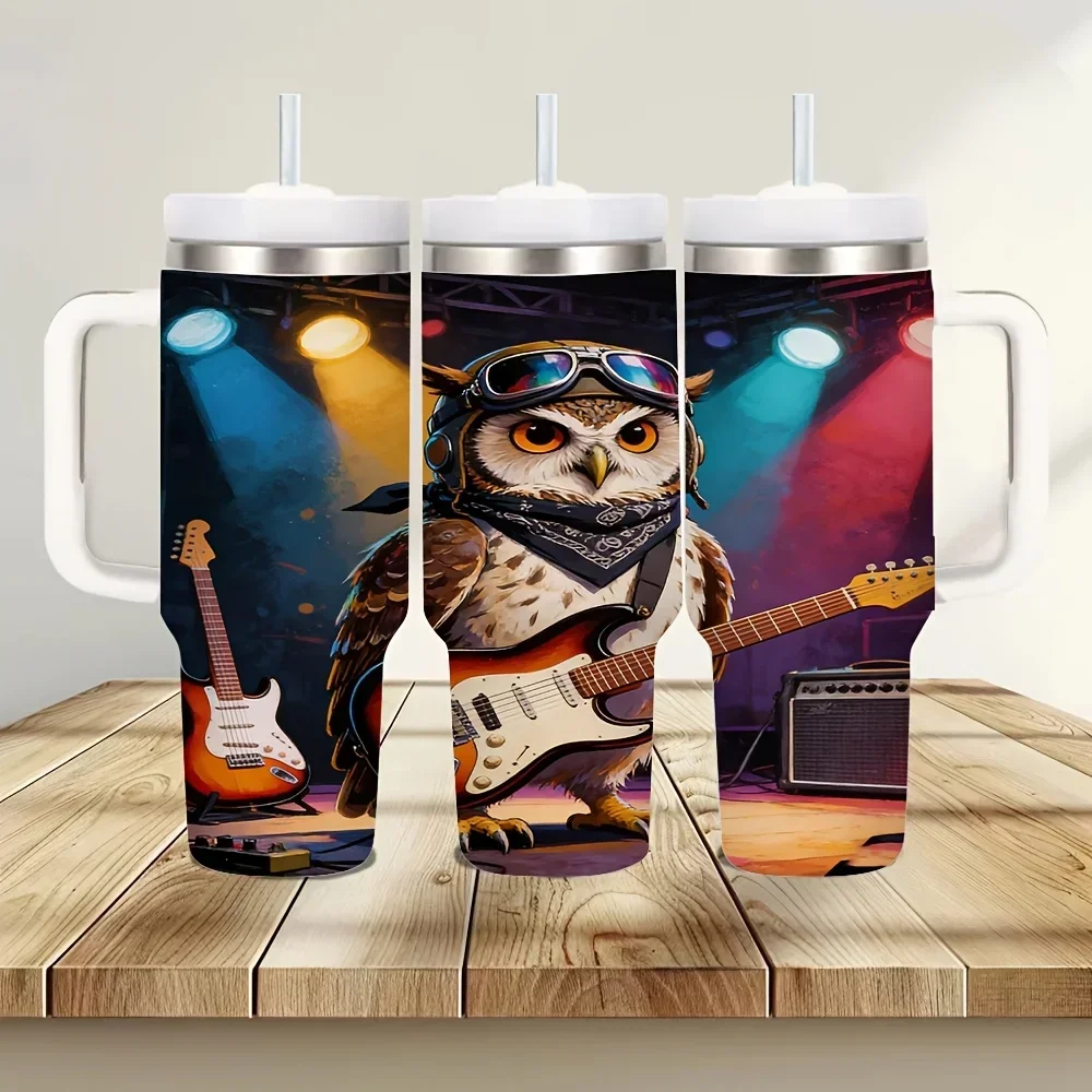 40oz Tumbler with Handle and Straw, Cool Rock Owl Playing Guitar Print, Suitable for All People, Works for Summer And Winter, Ideal for Daily Use And Outdoor Activities, Keeps Drinks Cold Or Hot