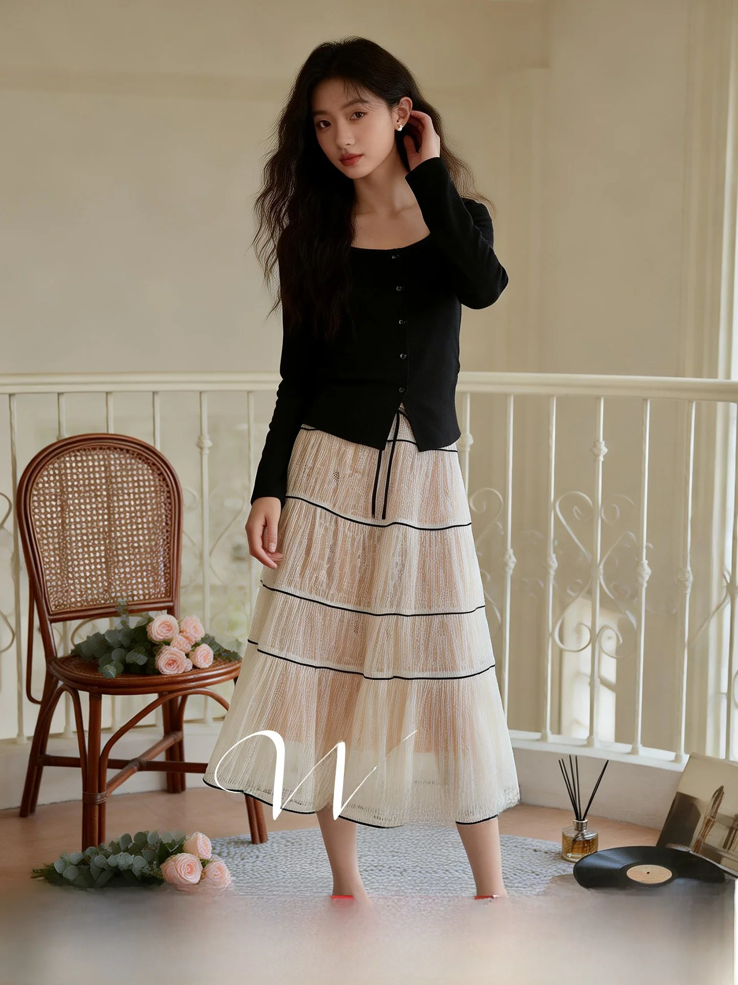 

Spring Collection plus Size Women's Outfit Set 2026 New Vintage Long Sleeve Square Collar Top Tulle Half Skirt Commute Style ...