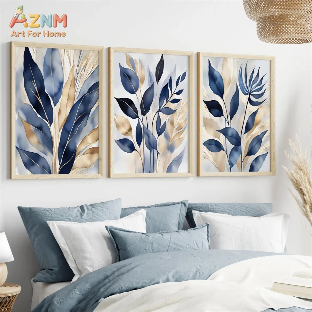 AZNM Navy Blue Gold Watercolor Botanical Leaf Canvas Wall Art Abstract Foliage Fluid Ink Painting Neutral Tone Elegant Modern Be