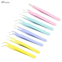 Stainless Steel Colored Straight + Curved Tweezers for Nail Art Sticker Rhinestones Picking Tool Eyelash Makeup DIY Tweezer Tool