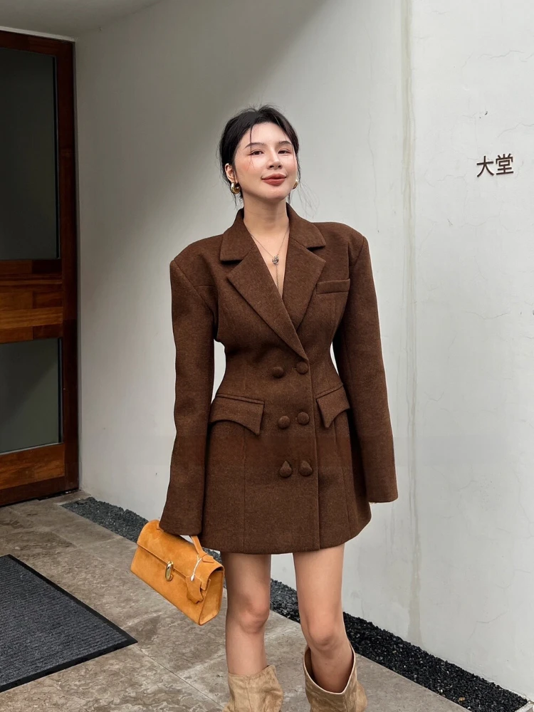 Solid Pockets Double Breasted Slim Blends Women Korean Style Vintage Coat Autumn Winter Fashion All-match Simple Leisure Chic