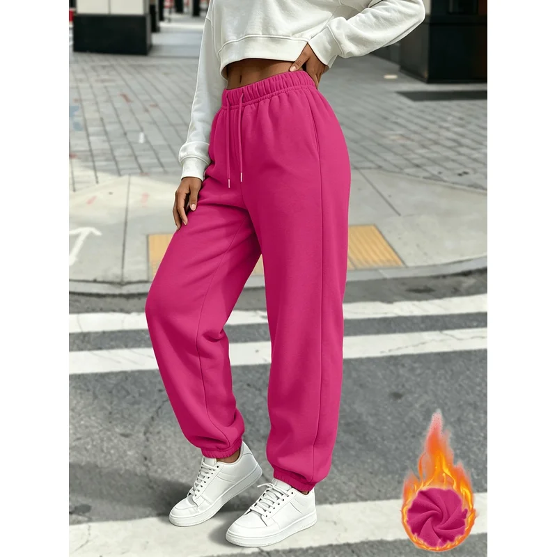 Autumn Winter New Fashion Casual Solid Color Women'S Long Pants, with Drawstring And Pockets, Thickened And Fleece-Lined