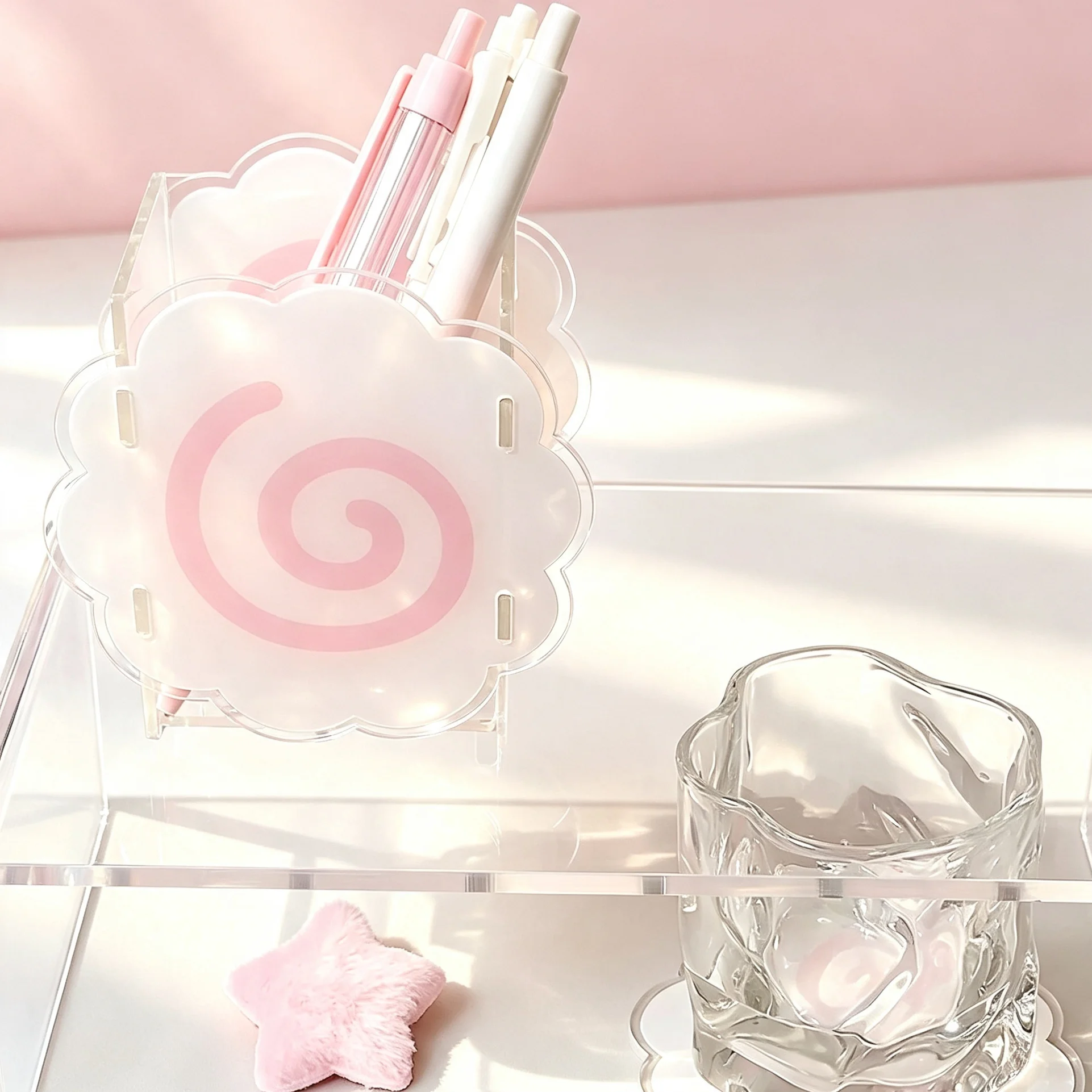 Durable Cute Sweet Pen Holder Acrylic Portable Desktop Organizers Box Multifunctional Storage Box Home Office Supplies