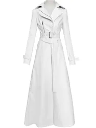 Mauroicardi Spring Autumn White Fitted Long Pu Leather Coat Women Zipper Belt Elegant Chic Luxury Designer Fake 2 Clothes 2024