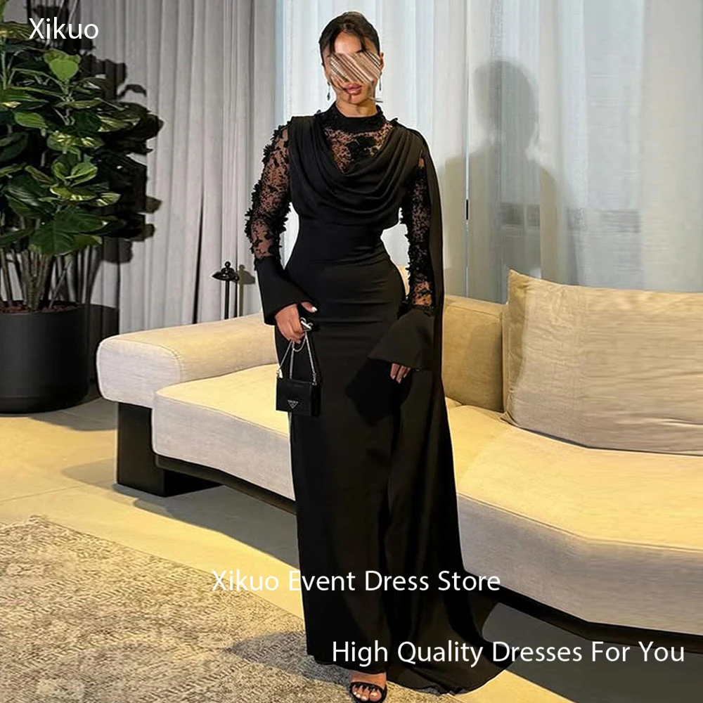 

Xikuo Modest Black Satin Evening Gowns Mermaid High Neck Robe Cocktail Femmes Pleated Saudi Arabia Happy Prom Dresses Customized