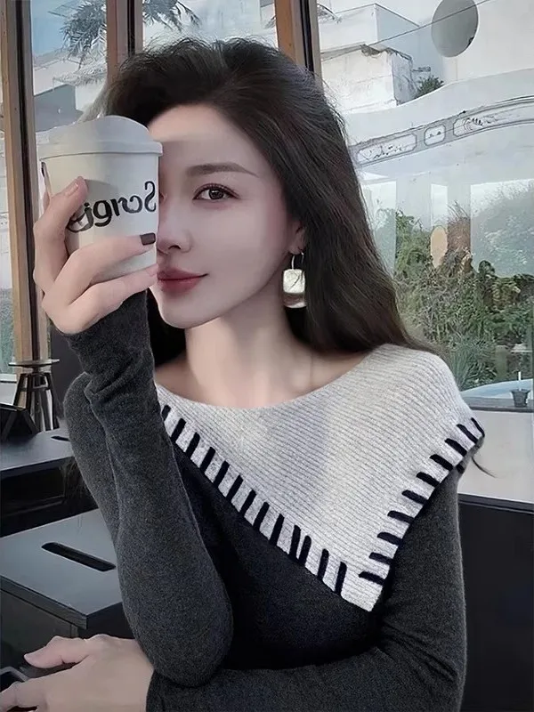 

Асимметричный вязаный накидной платок на плечо, длинный, облегающий, базовый слой, для женщин, зимний, для повседневной носки, в корейском стиле