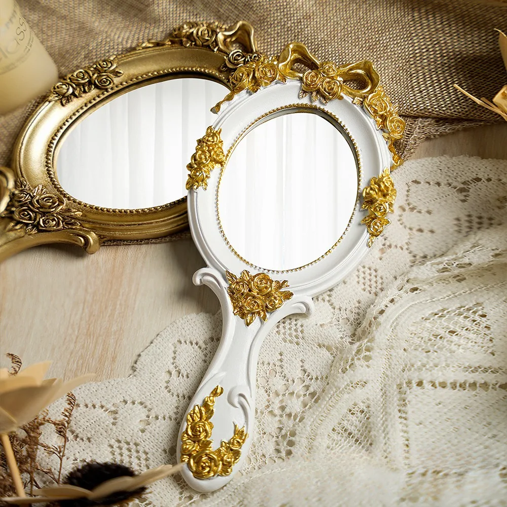 Vintage Handheld Mirror Vanity Makeup Compact Travel Beautiful Portable Oval Embossed Rose Handheld Mirrors Gift for Mom Girl