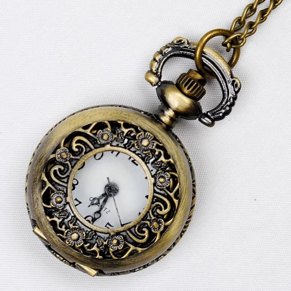 6 Pattern Available to Choose  Hollow Flower Mini Pedant Retro Exquisite Girl Fob  Bronze Chain Women Gift Pocket Watch