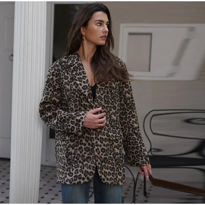 Leopardo impressão feminina blazer terno casual entalhado um botão manga longa jaqueta feminina 2025 moda outono senhora do escritório outwear casaco