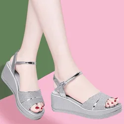 Womens Sandals for 2025 Orthopedic Platform Summer New Fashion Elegant Roman Rhinestone Wedge High-Heeled Sandal Woman Silver